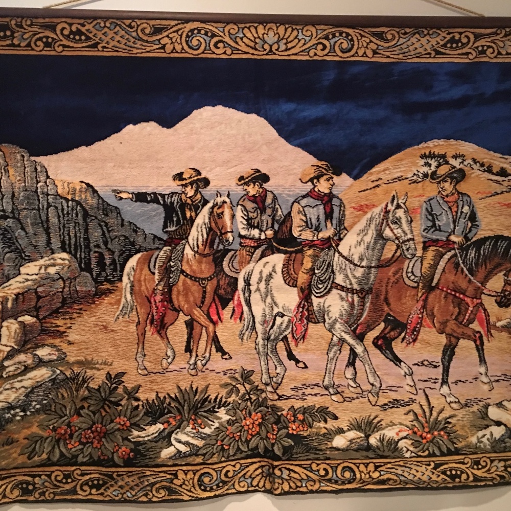Retro  Mid Century Western Cowboy Horses Trail Ride Wall or Floor Tapestry Large